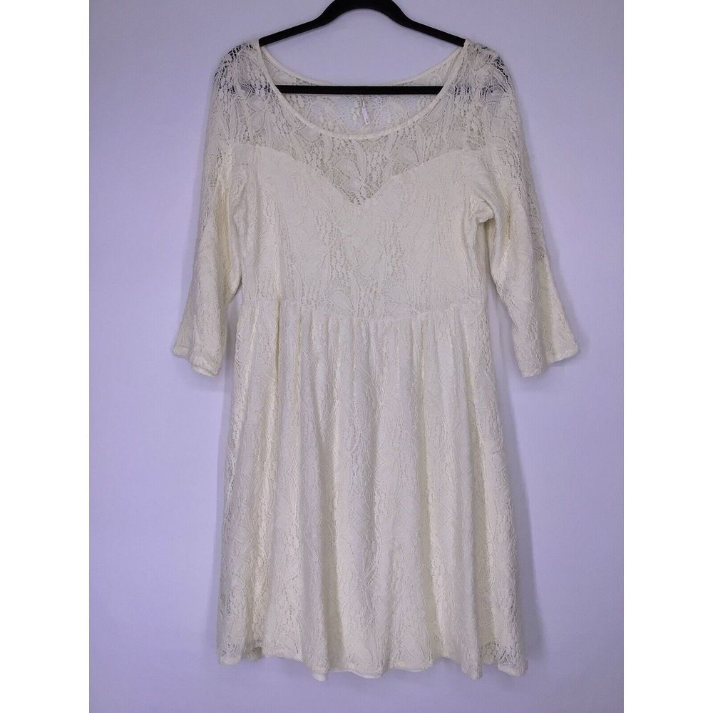 Free People Shake It Up Lace Dress Size Medium Cream 3/4 Sleeves‎